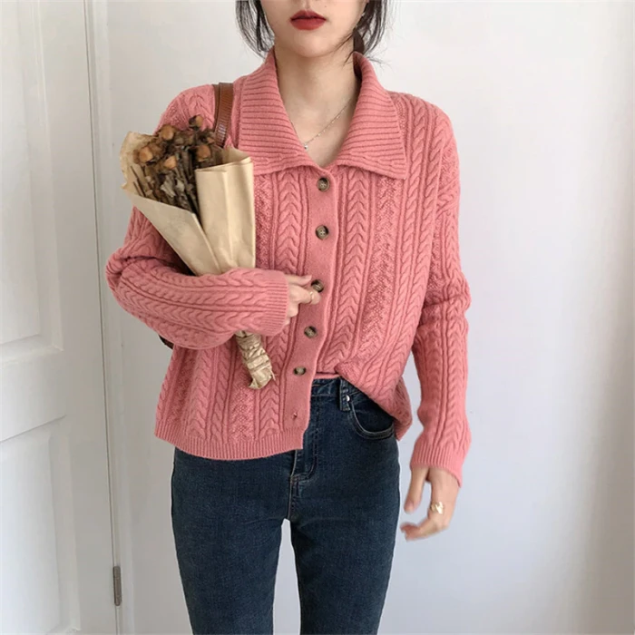 Vintage Knitted Turn-down Collar Single-breasted Cardigan