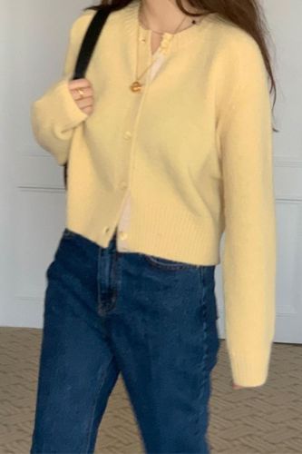 Autumn Winter Women Cropped Cardigan Sweaters Fashion O-Neck Long Sleeve Button Up Sweater Coat Woman Casual Loose Yellow Jacket