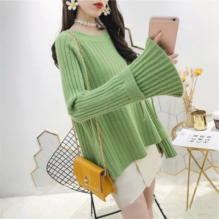 Fashion O Neck Flare Long Sleeve Knitted Women Tops Solid Fresh Loose Design Sweater Autumn Winter Tide All Match Pullover