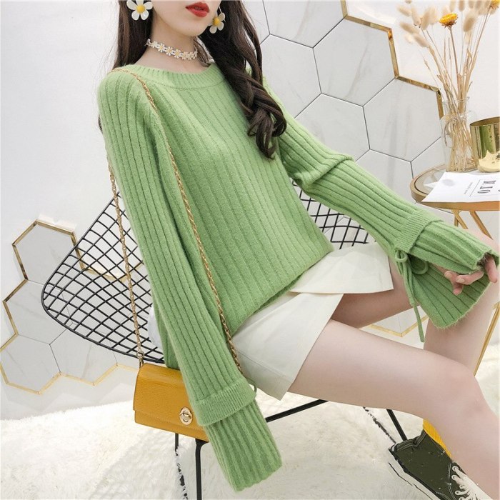 Fashion O Neck Flare Long Sleeve Knitted Women Tops Solid Fresh Loose Design Sweater Autumn Winter Tide All Match Pullover
