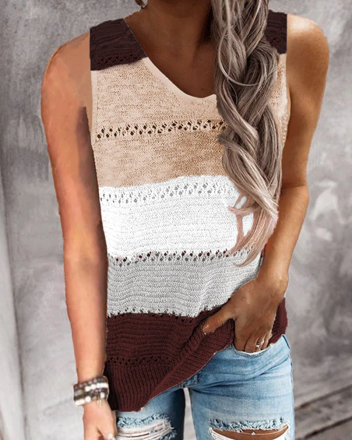 Sexy V-neck Sleeveless Women Blouse Shirt 2021 Summer Stripe Patchwork Knitted Vest Tops Spring Loose Blusa Pullover Streetwear