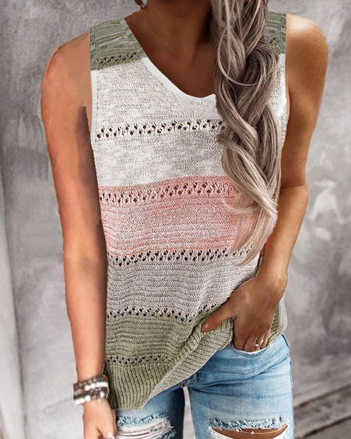 Sexy V-neck Sleeveless Women Blouse Shirt 2021 Summer Stripe Patchwork Knitted Vest Tops Spring Loose Blusa Pullover Streetwear