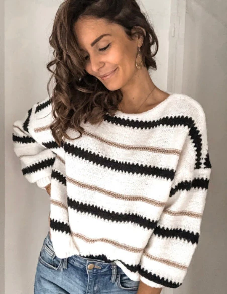 Autumn and winter new style women's patchwork striped knitwear pullover long sleeves loose sweater women's wear