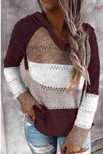 Autumn Women Patchwork Hooded Sweater Long Sleeve V-neck Knitted Sweater Casual Striped Pullover Jumpers 2021 New Female Hoodies