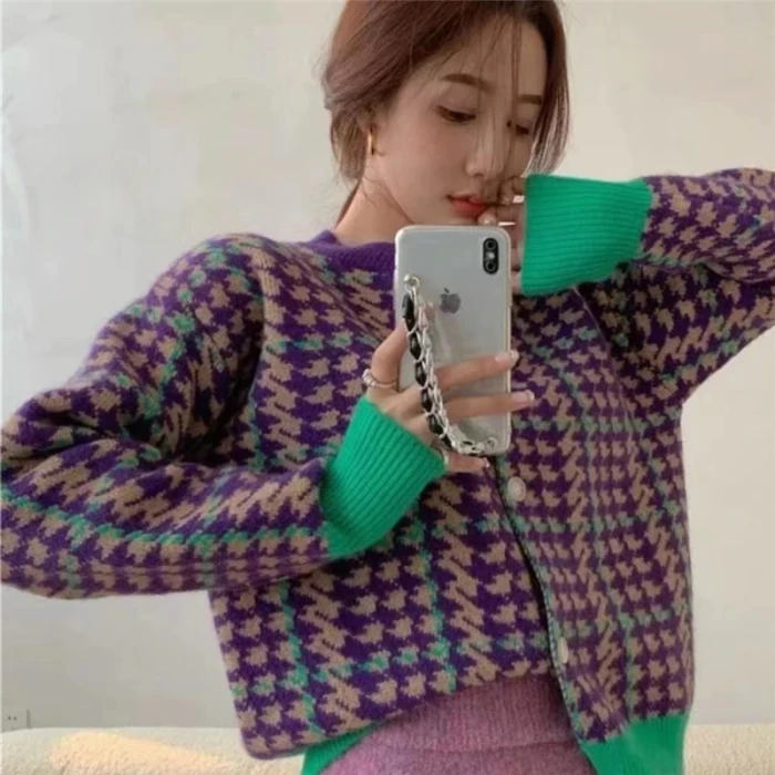 Vintage Knitted Cardigans Women Sweaters Button Plaid Sweater Coat 2021 New Autumn Spring Korean Lady Cardigans Sweater Clothes