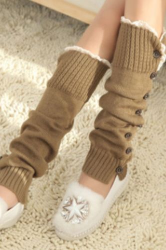 Lovely Knitted Women Long Leg Warmer 2021 Winter Lady Lace Patchwork Button Cute Stretch Sock Knit Basic Y2k Accessories