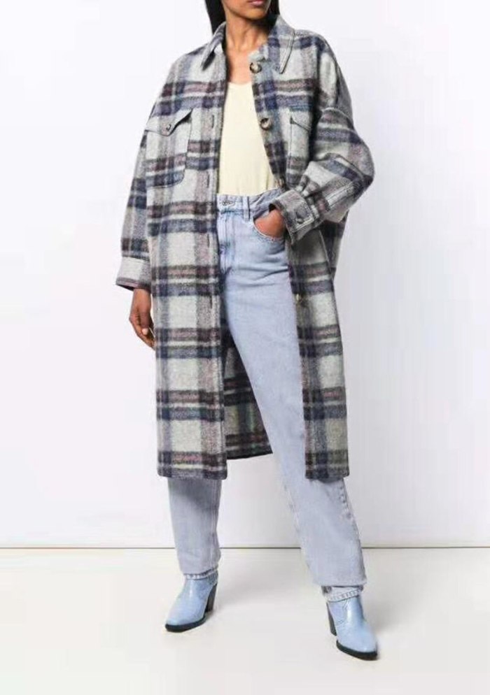 2021 Autumn / Winter Coats & Jackets Large Shape Brushed Pocket Wool Women's Isabel Wool & Blend Plaid Gabrion Blanket Coat