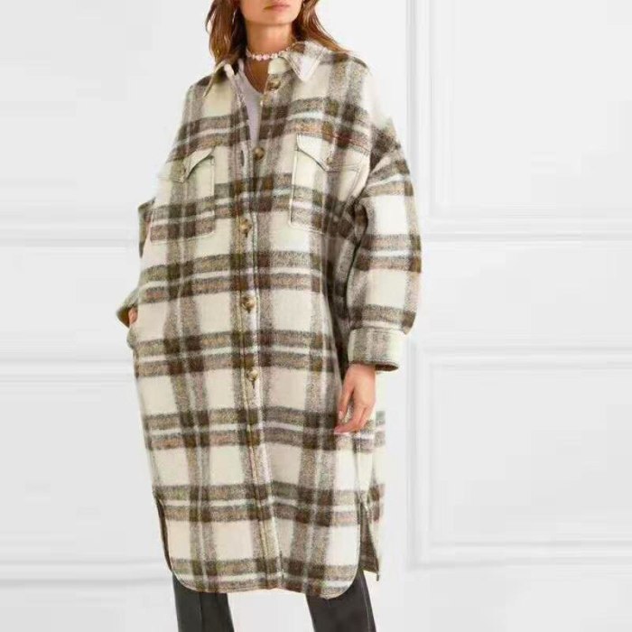 2021 Autumn / Winter Coats & Jackets Large Shape Brushed Pocket Wool Women's Isabel Wool & Blend Plaid Gabrion Blanket Coat