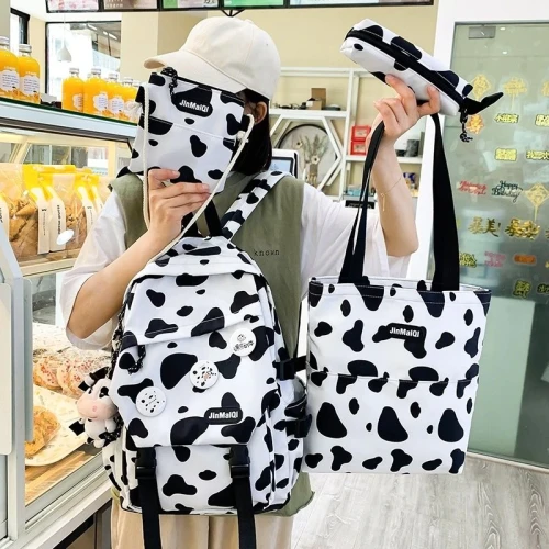 4-piece Set Cow Pattern Fashion Women's Backpack Nylon Waterproof Schoolbag For Girls Large-capacity Travel Bags