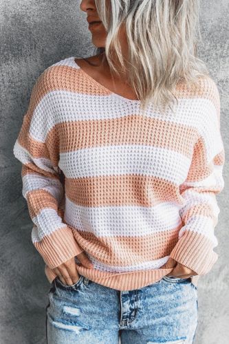 2021 Women Knitted Sweater Autumn Winter V Neck Stripe Stitching Waffle Pullovers Daily Wear Loose Office Lady Clothing