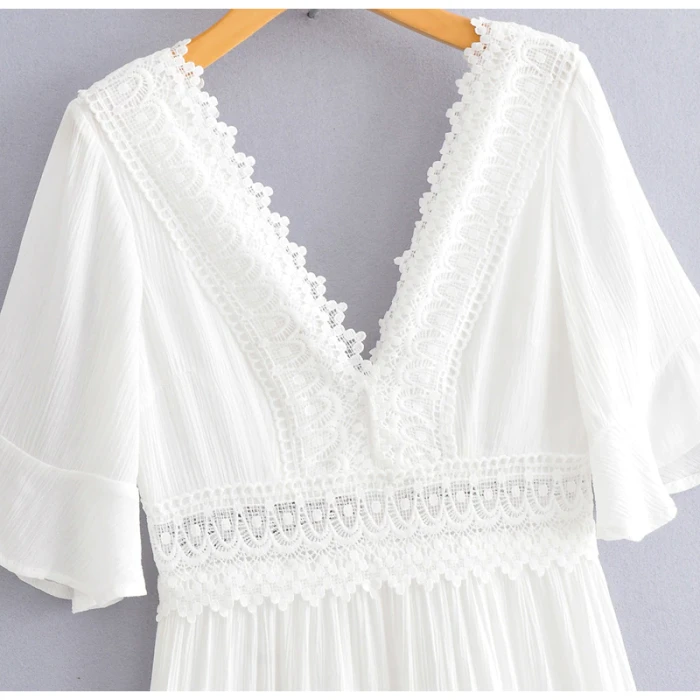 Casual Stitching Embroidery Maxi Dress Bohemian White Summer Short Sleeve Women Beach Dress Sexy V-neck Vestidos