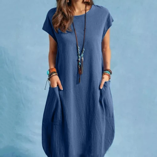 Women Casual O-Neck Short Sleeve Mid-Calf Summer Dress With Pocket Denim Basic Solid Dress Beach Party Loose Dress Holiday