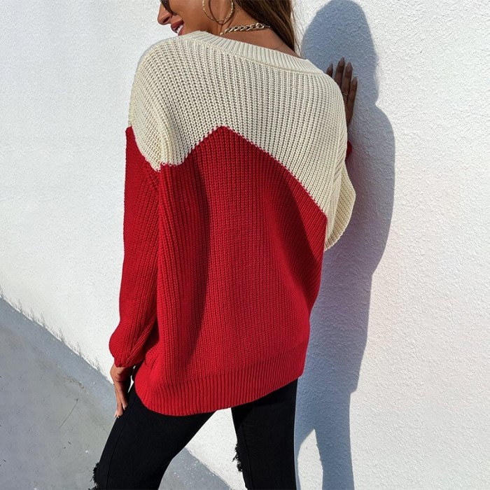 Patchwork Sweater Pullover Women Autumn Winter O Neck Long Sleeve Chic Casual Loose Sweaters Jumper Female Oversized Knitted Top