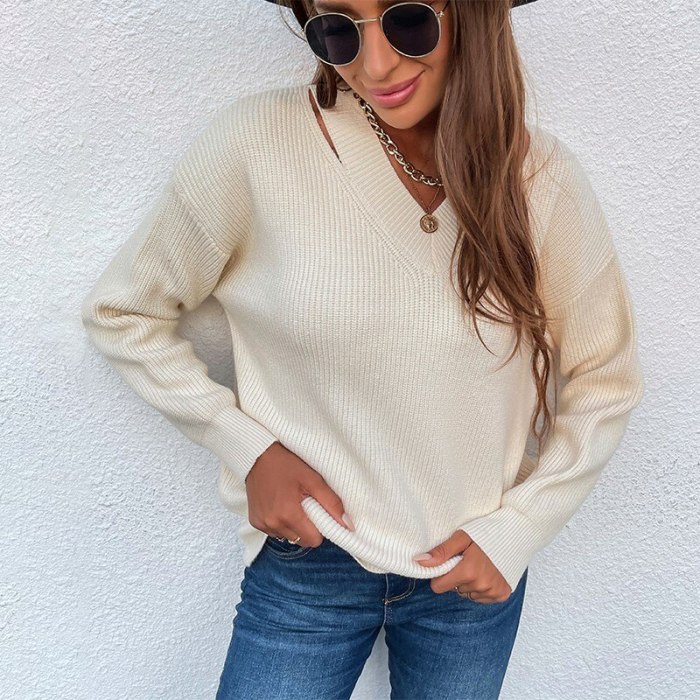 Autumn Solid Color Pulovers Sweaters Women Fashion V Neck Long Sleeve Casual Knitwear Sweater Oversize Jumper Top Winter New