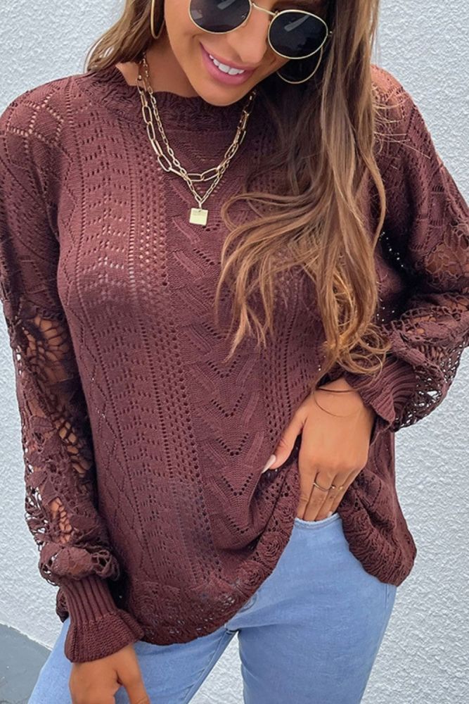 Top Women's Sweater 2021 Autumn Winter New Lace Ruffle Sleeve Stitching Solid Color Hollow Flowers Casual Chic Women's Knitwear