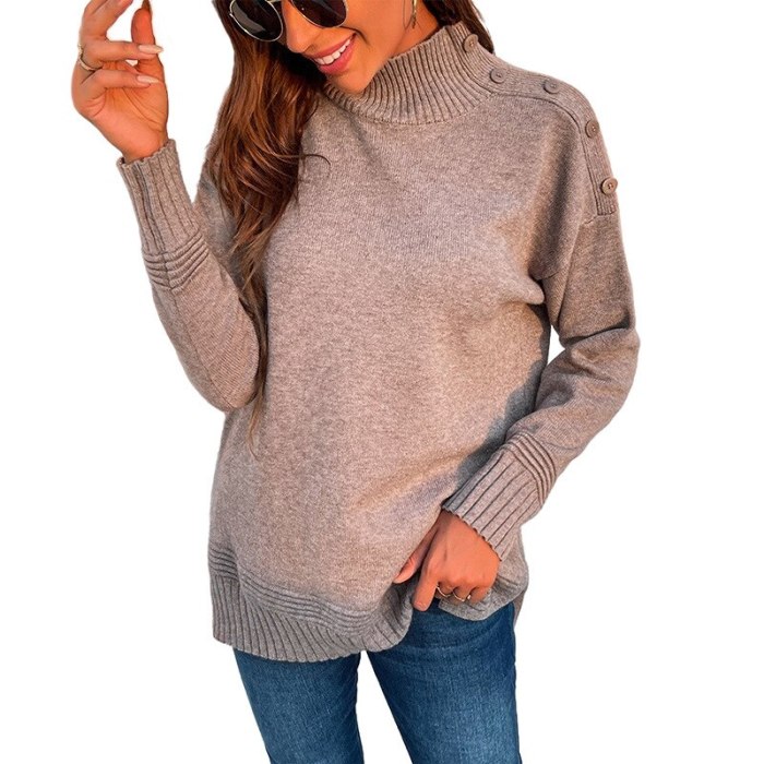 Autumn Winter Women Turtleneck Sweater Knitted Button Oversize Warm Pullovers Sweater Long Sleeve Slim Loose Jumper