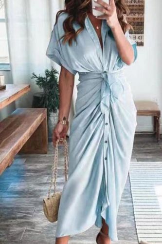 Women Summer Elegant Button Ruched Bandage Shirt Dress Fashion Casual Short Sleeve Solid V Neck Beach Maxi Dress