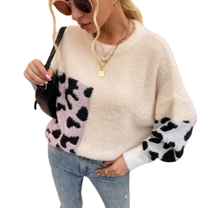 Women Mohair Leopard Printed Long Sleeve Crew-Neck Pullover Sweater Chic Warm Fluffy Spring Fall Jumper