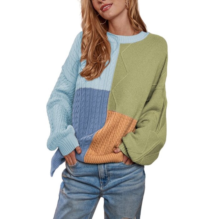 2021 Autumn Winter O-Neck Long Loose Lantern Sleeves Thick Fine Yarn Patchwork Pullovers Sweet Women Sweaters