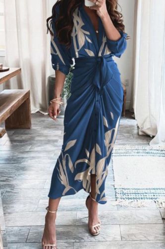 2021 Women Summer Sexy Leaf Pattern Print Tied Detail Ruched Shirt Dress Casual Vintage Bodycon Party Long Dresses