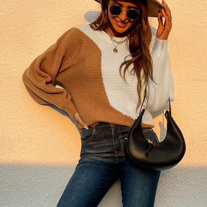 2021 Oversized Thick Cashmere Sweater Women Patchwork Knitting Color-block Sweaters  Female Long Sleeve Casual Loose Pullovers