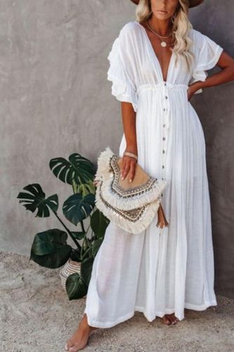 Backless Deep V-neck Ruffle Single Breasted Belted Vacation Dress