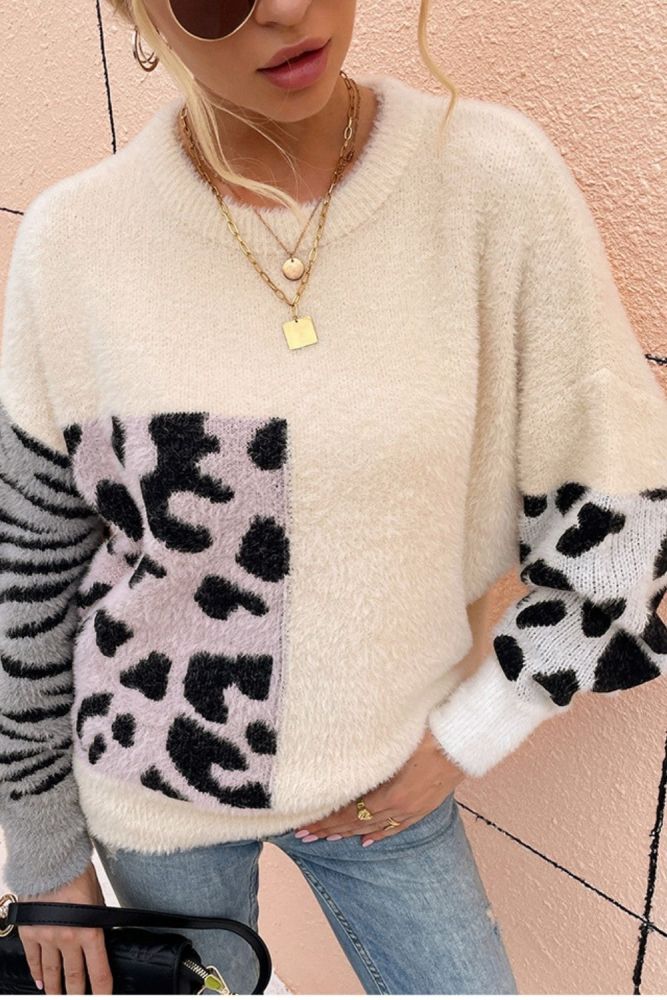 Women Mohair Leopard Printed Long Sleeve Crew-Neck Pullover Sweater Chic Warm Fluffy Spring Fall Jumper