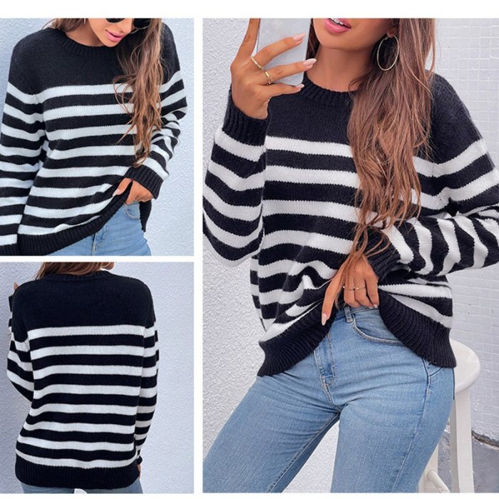 Autumn Winter Knit Women Sweater Pullovers 2021 Fall O-Neck Loose Thick Striped Printing Pullovers Casual Women Sweater