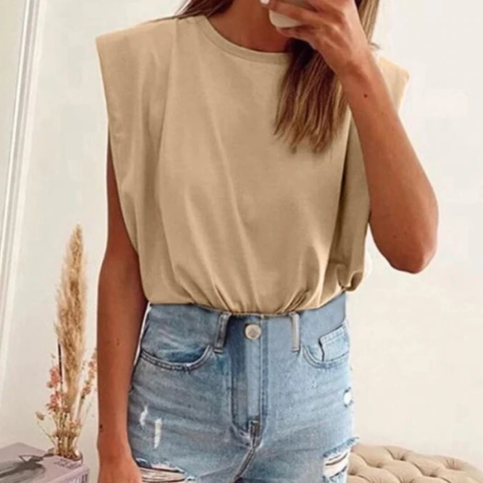Shoulder Pad Women Tops Sleeveless O-Neck Solid Color Streetwear Fashion Shirts Summer 2021 New Female Casual Clothing