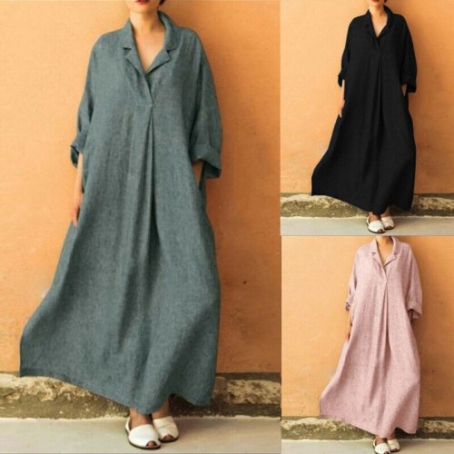 Womens Dress  Pure color Leisure Plus Size Long Sleeve V-Neck Cotton Linen Maxi Dress