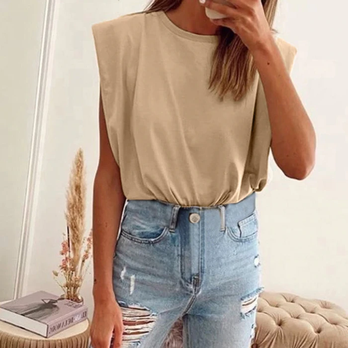 Shoulder Pad Women Tops Sleeveless O-Neck Solid Color Streetwear Fashion Shirts Summer 2021 New Female Casual Clothing