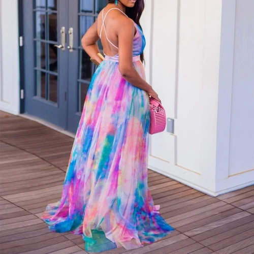 Sexy Backless Women Colorful Tie-dye Print Vacation Dress