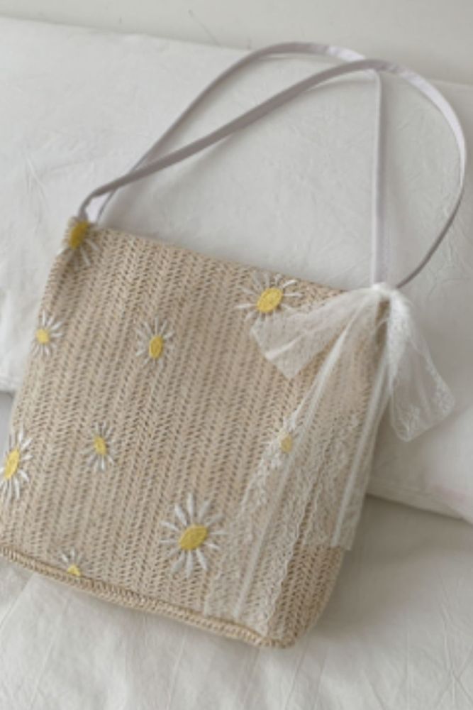 Handmade Lace Flower Woven Straw Bag Summer Women Messenger Crossbody Bags Girls Small Beach Handbag High-Capacity Tote Bag
