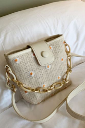 Women Straw Bag Chrysanthemum Pattern Bucket Bags Simple Small Fresh Crossbody Bags Shopping Handbags Travel Shoulder Bag Gift