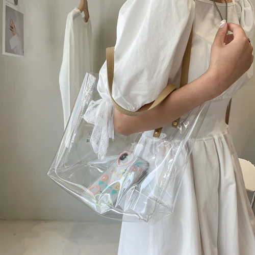 2Pcs Summer Retro Transparent Woven Shoulder Bag Women Tote Pouch Composite Bags Summer Handbag Women Tote Vintage