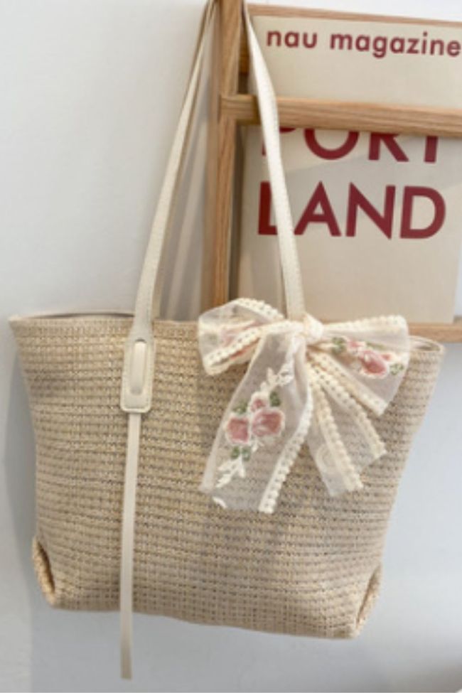 Newest Female Single-Shoulder Bag, Adults Girls Multipurpose Lace Floral Bowknot Handbag Bohemian Beach Straw Bag