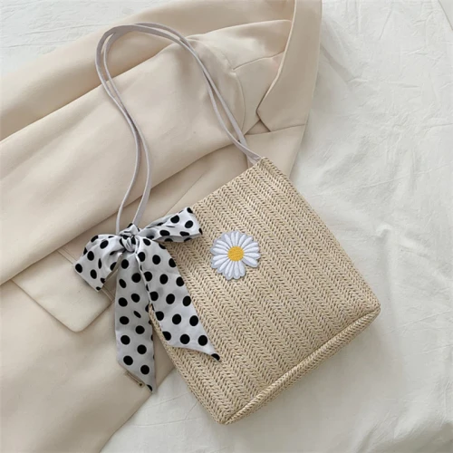 Women Summer Woven Bucket Bag Ladies Daisy Handbag Wild Silk Scarf Shoulder Bags 2021 New Trend Fashion