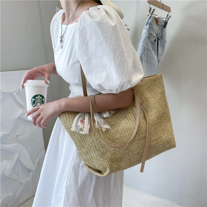 Newest Female Single-Shoulder Bag, Adults Girls Multipurpose Lace Floral Bowknot Handbag Bohemian Beach Straw Bag