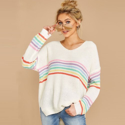 Autumn Sweater Women's V-Neck Pullover Long-Sleeved Rainbow Striped Loose Fashion Ladies Top 2021 New Base