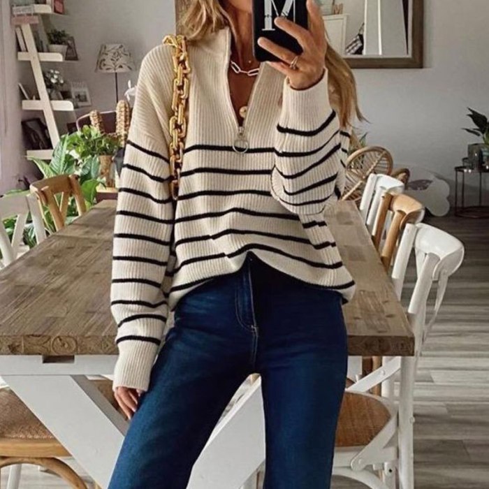 Fashion Casual Zip V-Neck Loose Knitted Tops Jumper 2021 Autumn Winter Sweater Women Vintage Patchwork Striped Harajuku Sweaters