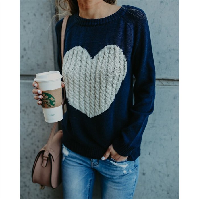 Knitted Sweater Women Autumn Winter New Gray Black White Round Neck Love Fashion Top2021 Europe America Plus Size Pullover