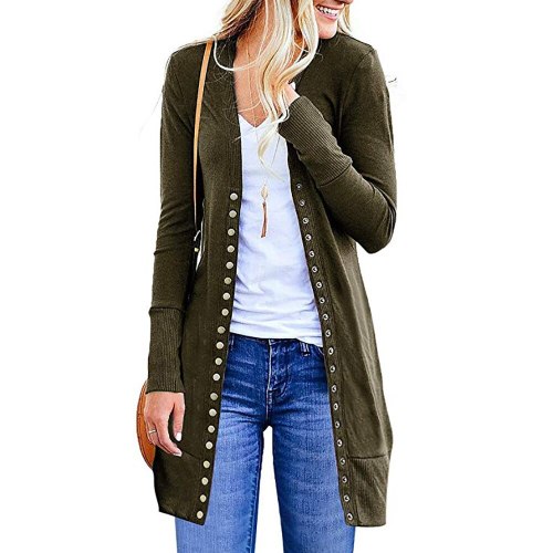 Knitted Sweaters Coat Women Fashion Autumn Long Sleeve Single Breasted Cardigan Slim Solid Color Mid-Length Outwear