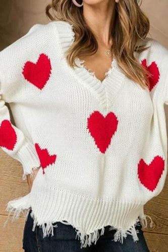 Women Loose Warm Long Sleeve V Neck Knit Pullover Sweater Heart Patch Jumpers Knitwear Tops