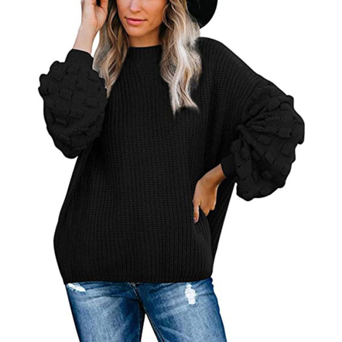 Autumn  Lantern Sleeve Women's Sweater Hollow Out Ladies Jumper Solid O-Neck Casual Sweaters Female Elegant Knitted Pullover