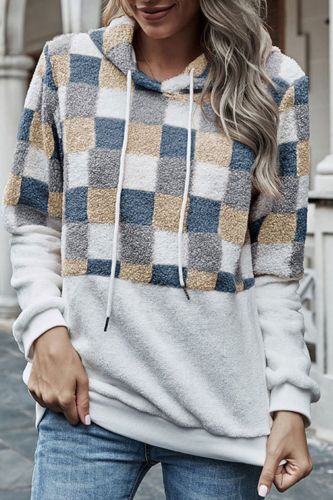 2021 Winter Teddy Fleece Sweater Checkerboard Hooded Pullover Fluffy Plaid Sherpa Fuzzy Tops Women Autumn Streetwear Sweaters