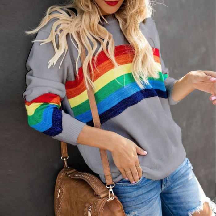 Autumn and winter new knitted rainbow contrast color pullover women's sweater