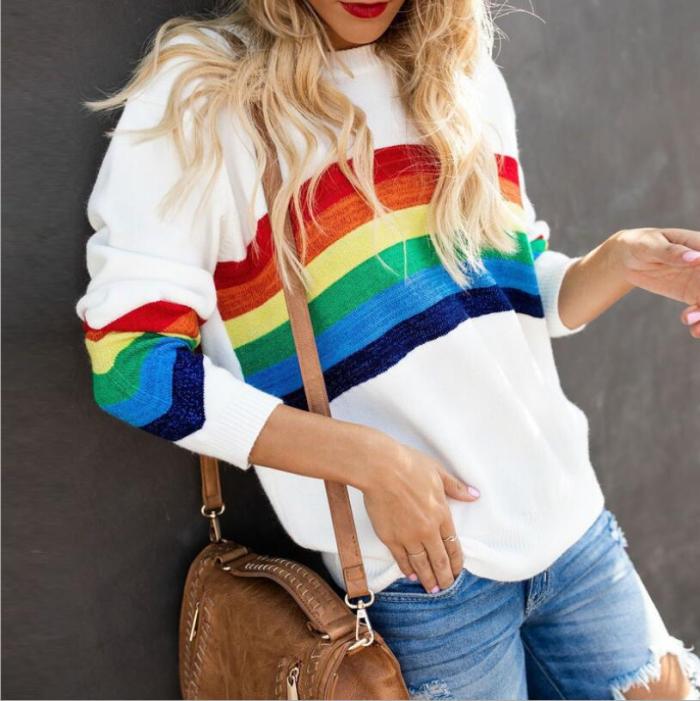 Autumn and winter new knitted rainbow contrast color pullover women's sweater