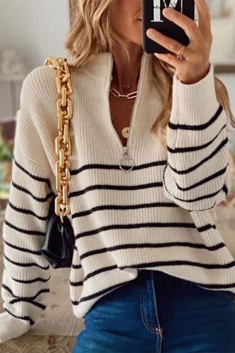 Fashion Casual Zip V-Neck Loose Knitted Tops Jumper 2021 Autumn Winter Sweater Women Vintage Patchwork Striped Harajuku Sweaters