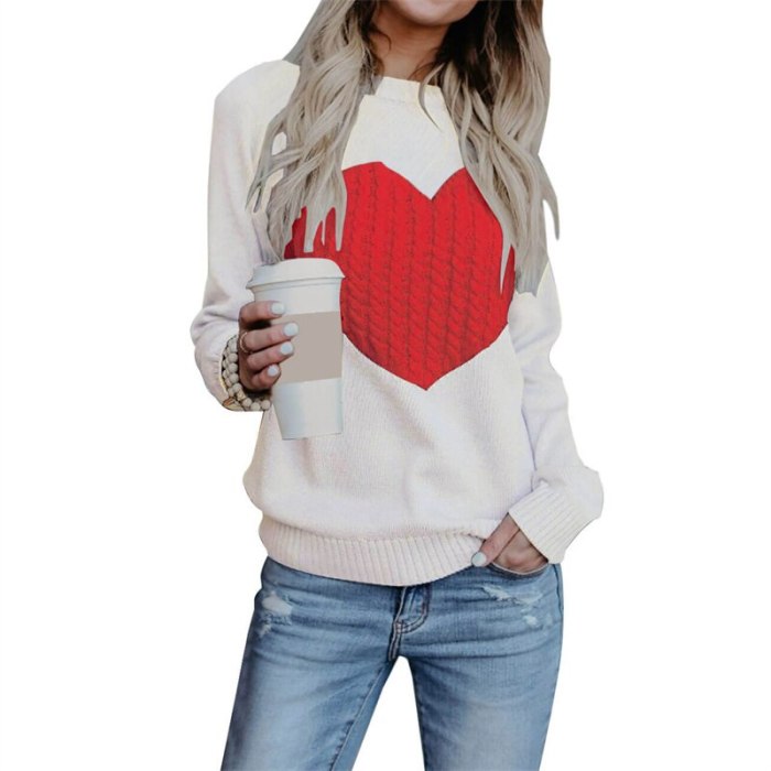 Knitted Sweater Women Autumn Winter New Gray Black White Round Neck Love Fashion Top2021 Europe America Plus Size Pullover