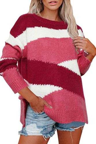 Women Long Sleeve O-Neck Sweater Color Block Geometric Cross Striped Tunic Tops Side Split Casual Loose Pullover Jumpers